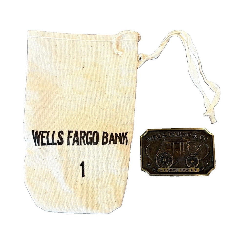 Wells Fargo & Co Stagecoach Brass Belt Buckle Canvas Bank Bag Vintage NC196